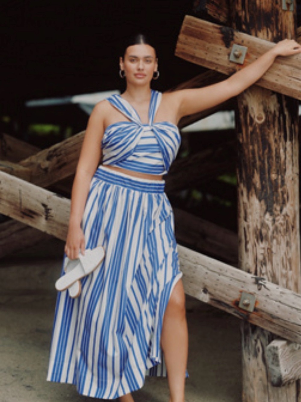 Eloquii Blue and White Striped High-Low Skirt